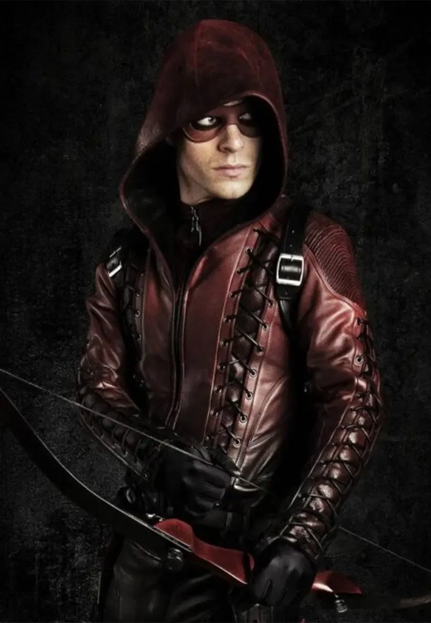 Arrow Arsenal Maroon Leather Hooded Jacket arrow arsenal leather jacket