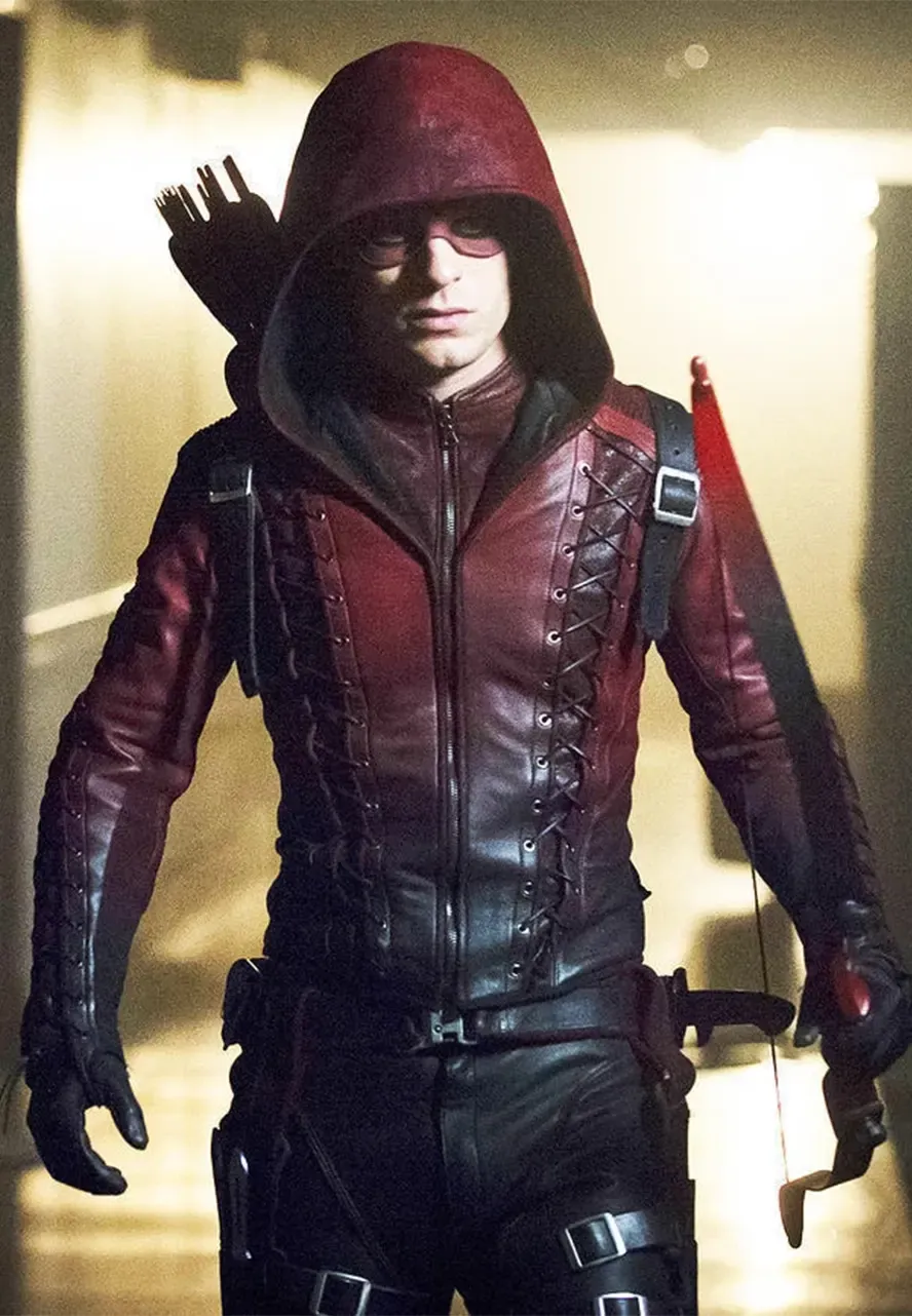 Arrow Arsenal Maroon Leather Hooded Jacket arsenal arrow jacket