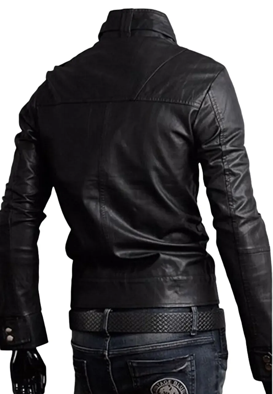 Men's Multi Pocket Slim Fit Leather Jacket black faux leather jacket