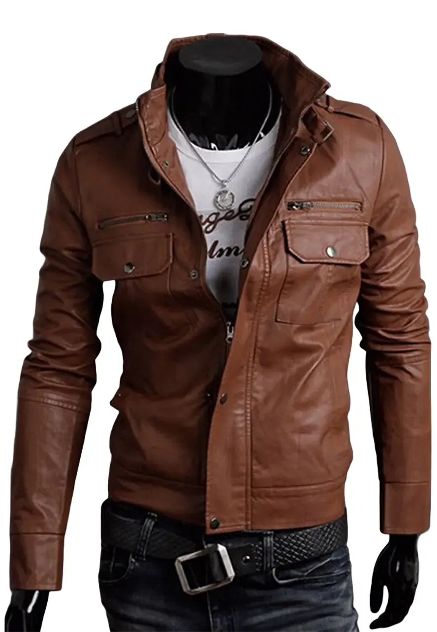 Men's Multi Pocket Slim Fit Leather Jacket buckle collar jacket