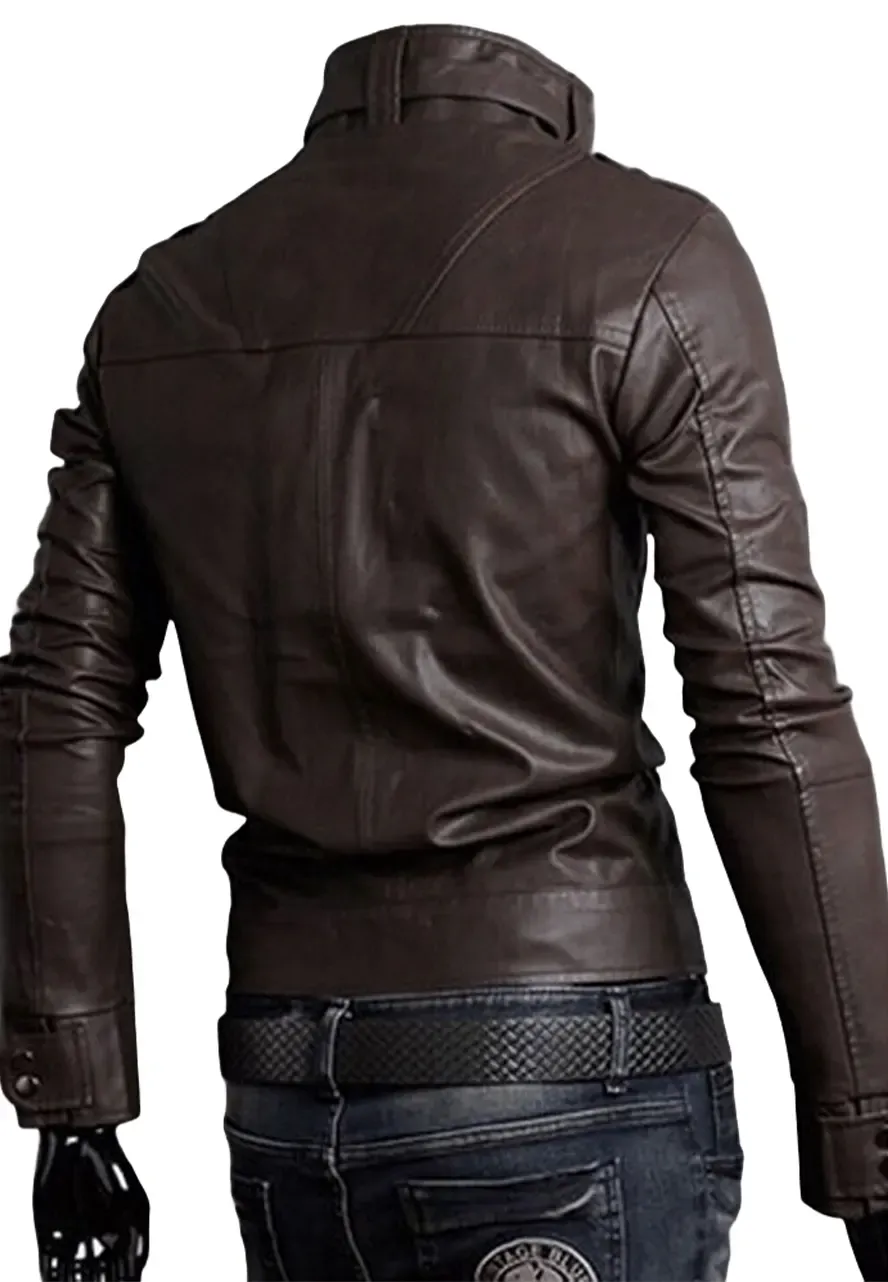 Men's Multi Pocket Slim Fit Leather Jacket dark brown faux leather jacket