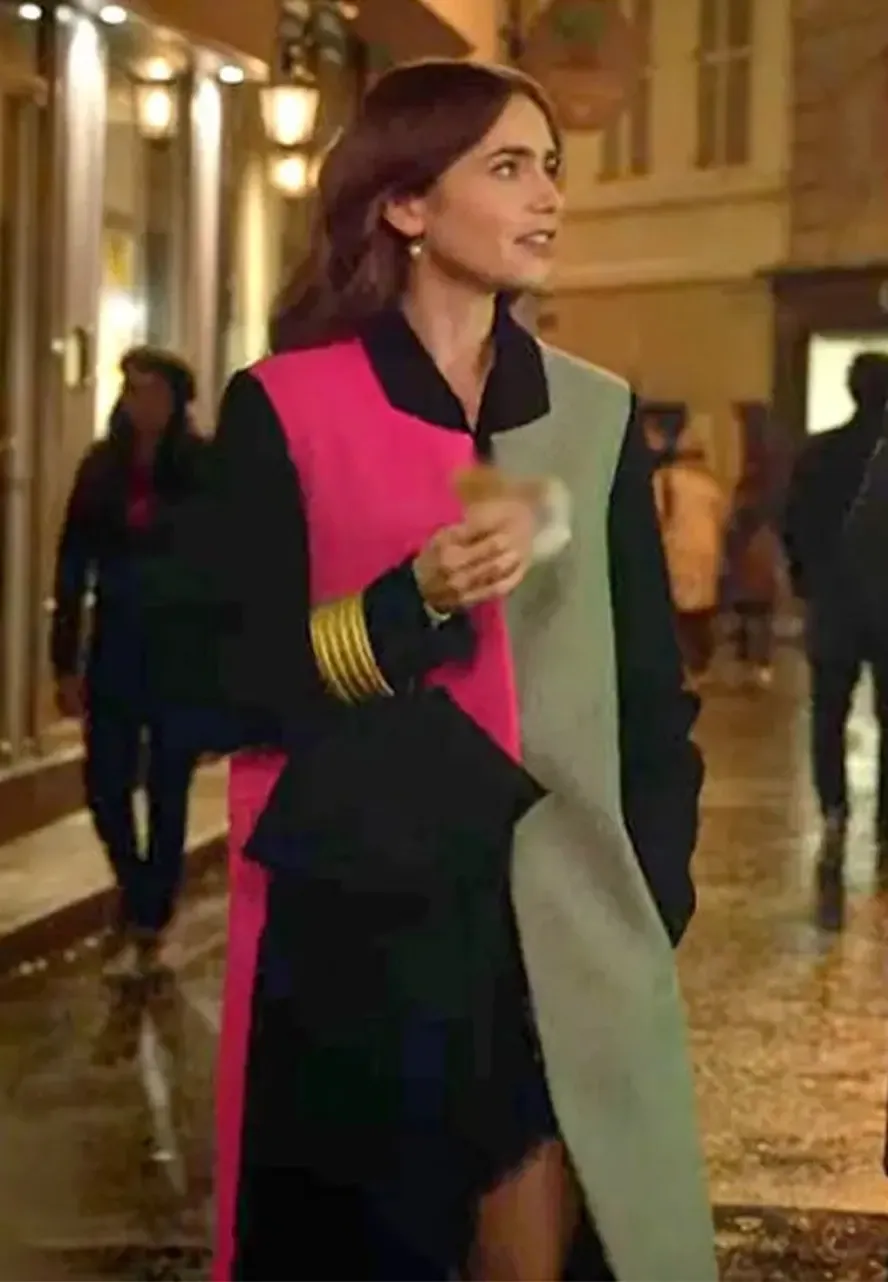 Emily in Paris Lily Collins Color Block Wool Coat emily paris cooper color block coat