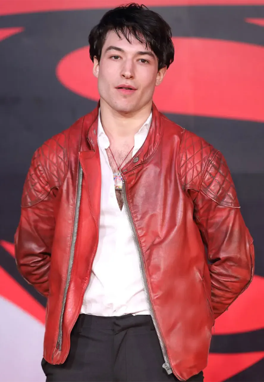 Premiere of Batman V Superman Ezra Miller Leather Jacket ezra miller leather jacket