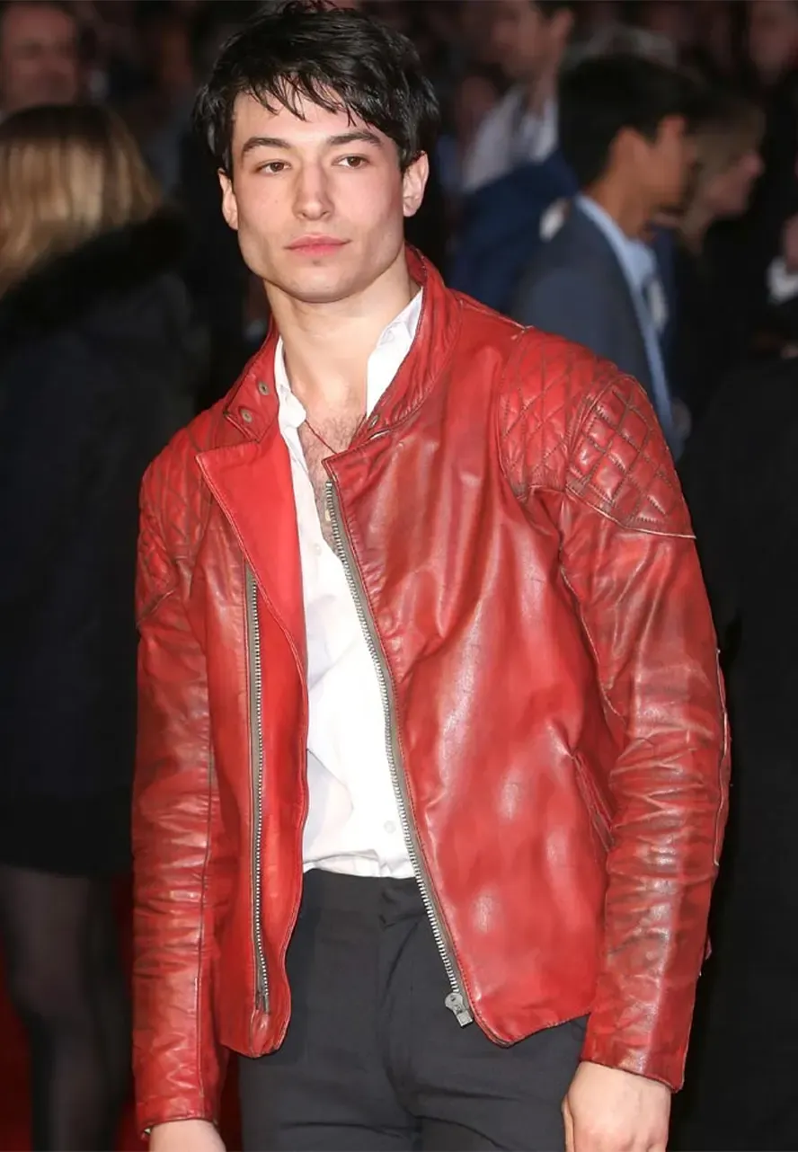 Premiere of Batman V Superman Ezra Miller Leather Jacket ezra miller red leather jacket