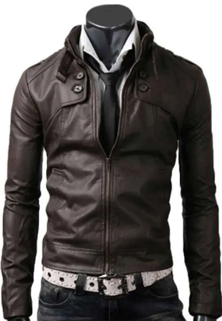 Men's Slim Fit Belted Buckle Collar Dark Brown Leather Jacket mens belted buckle collar dark brown leather jacket