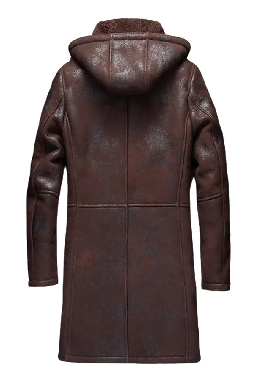 Men's Dark Brown Shearling Winter Hooded Coat mens hooded leather coat