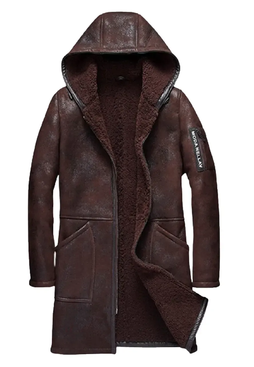 Men's Dark Brown Shearling Winter Hooded Coat mens shearling hooded leather coat