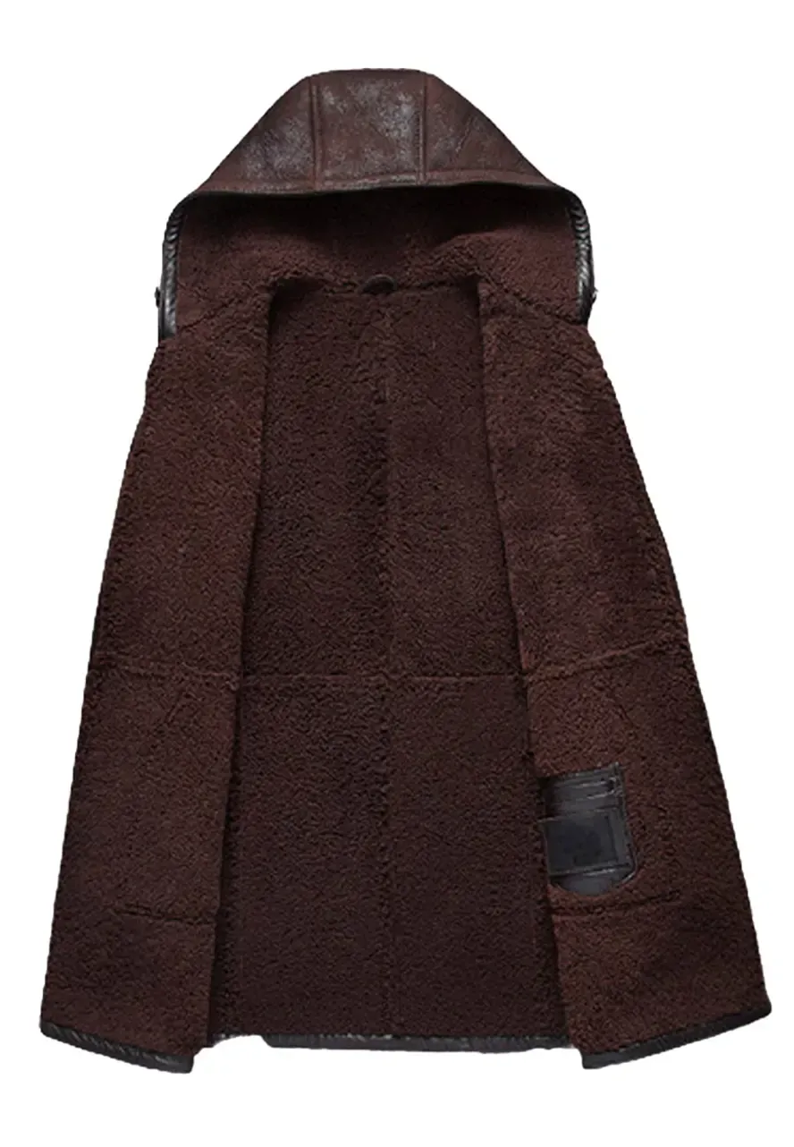 Men's Dark Brown Shearling Winter Hooded Coat mens shearling leather coat