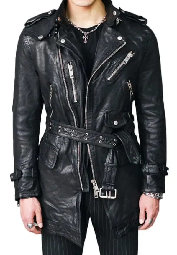 mid length black leather coat