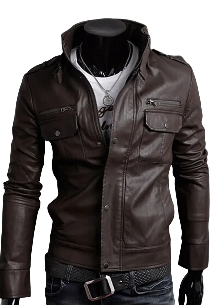 Men's Multi Pocket Slim Fit Leather Jacket multi pocket jacket