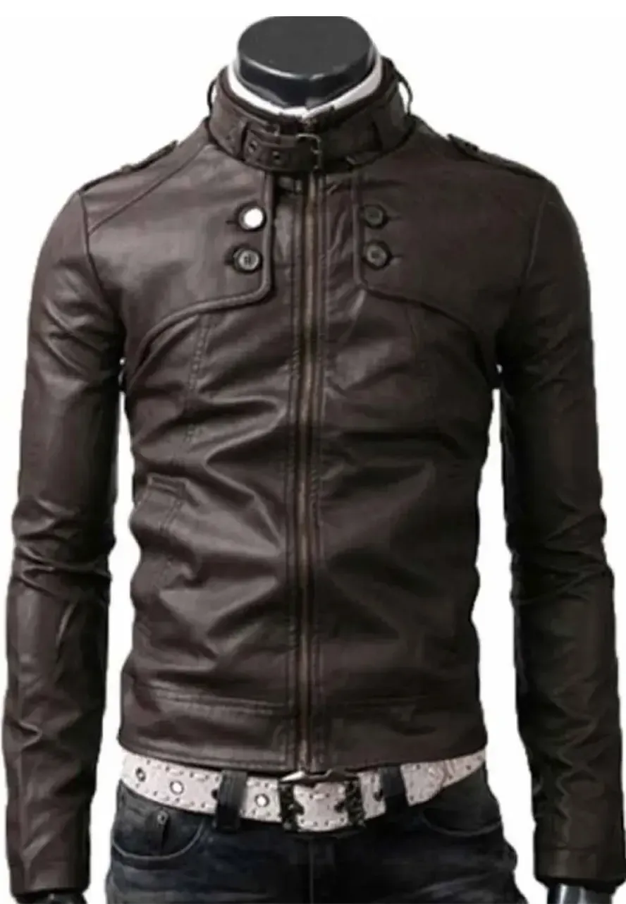 Men's Slim Fit Belted Buckle Collar Dark Brown Leather Jacket slim fit brown leather jacket