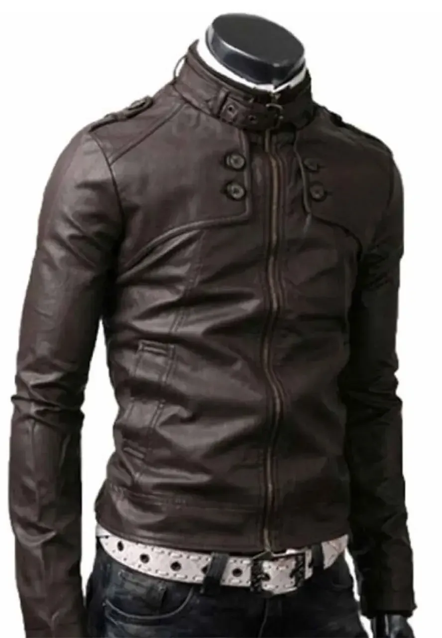 Men's Slim Fit Belted Buckle Collar Dark Brown Leather Jacket slim fit dark brown jacket