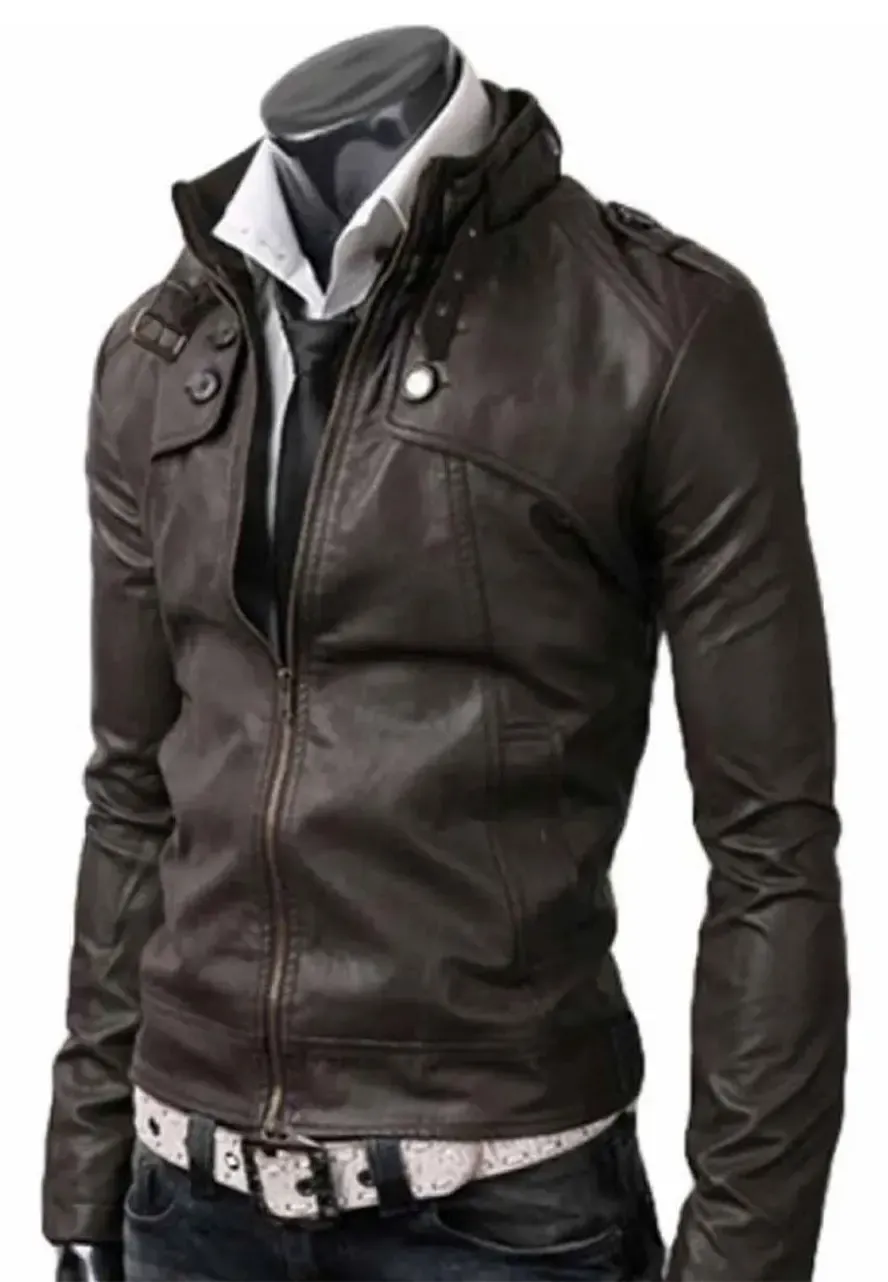 Men's Slim Fit Belted Buckle Collar Dark Brown Leather Jacket slim fit dark brown leather jacket