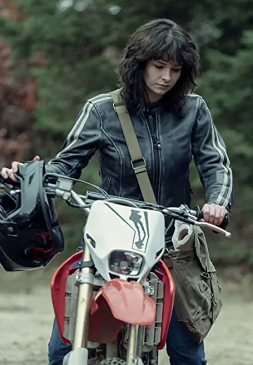 NOS4A2 Ashleigh Cummings Striped Motorcycle Jacket striped vic mcqueen biker leather jacket