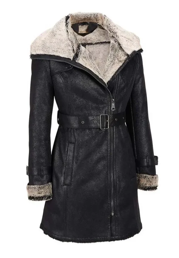 womens belted black leather shearling coat