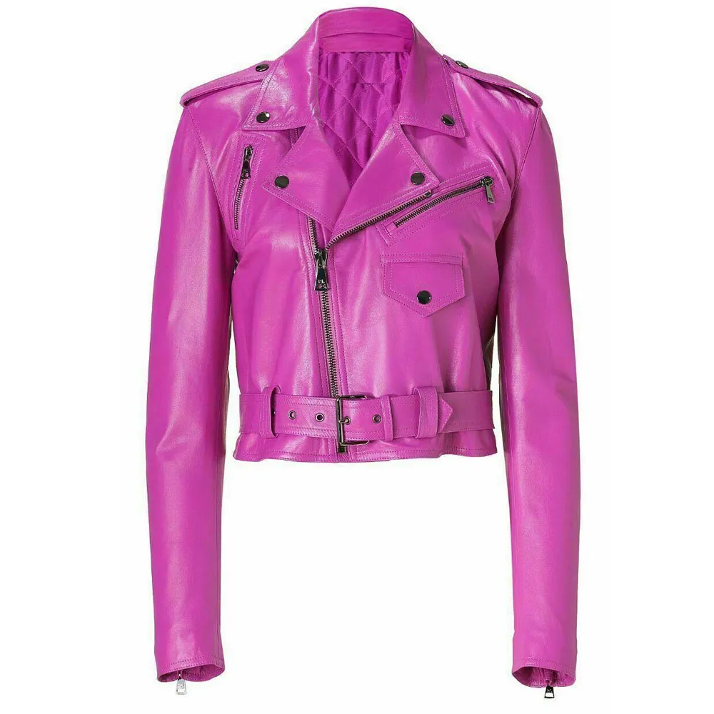 Women's Lime Green and Pink Leather Belted Motorcycle Jacket Women's Lime Green and Pink Leather Belted Motorcycle Jacket - Image 2