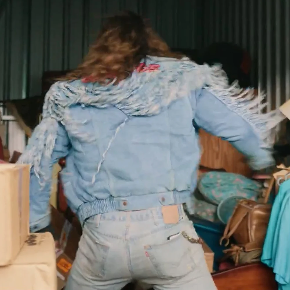 A Minecraft Movie Jason Momoa Blue Fringe Garbage Man Jacket blue minecraft movie garbage man jacket