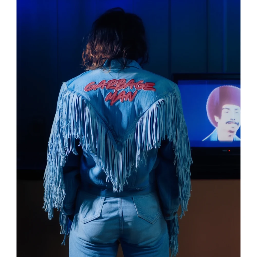 A Minecraft Movie Jason Momoa Blue Fringe Garbage Man Jacket denim minecraft movie garbage man jacket