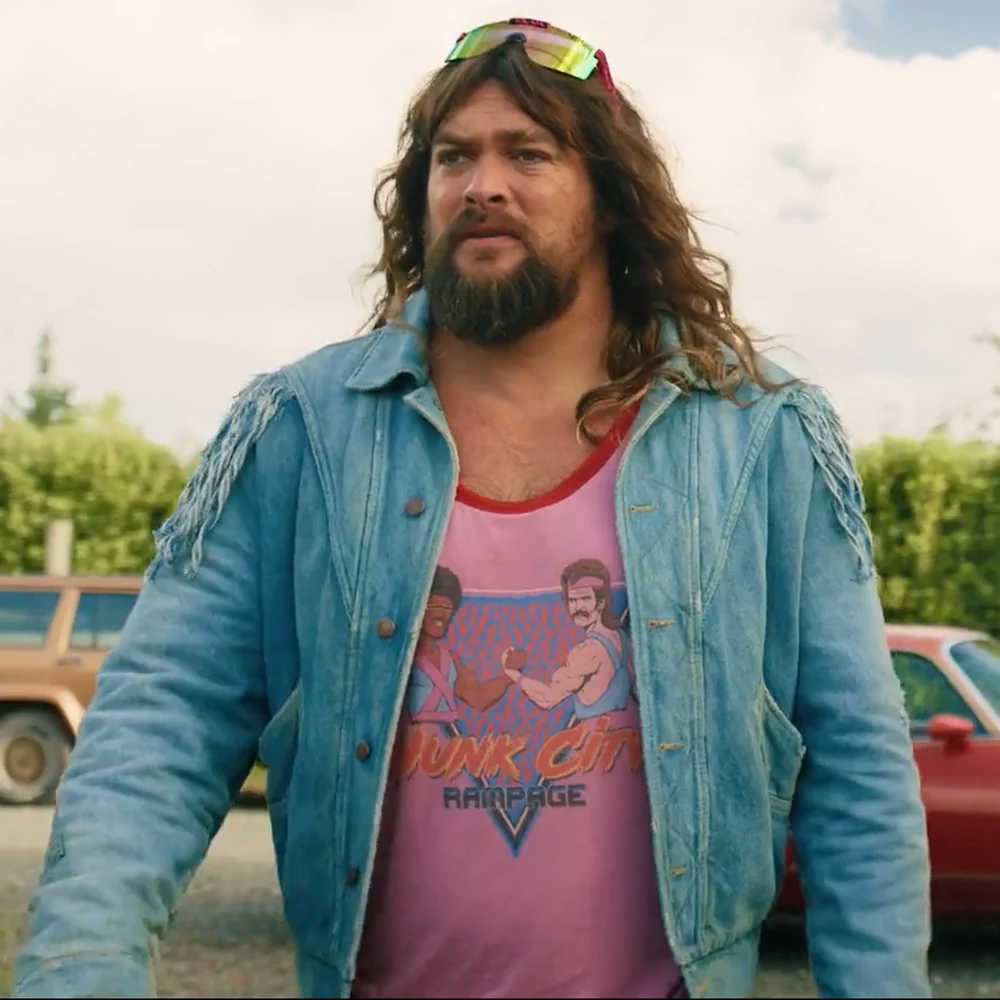 A Minecraft Movie Jason Momoa Blue Fringe Garbage Man Jacket garbage man jacket minecraft