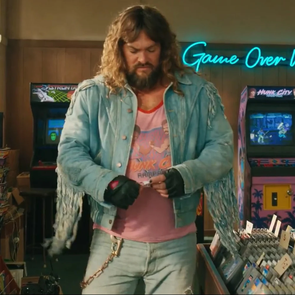 A Minecraft Movie Jason Momoa Blue Fringe Garbage Man Jacket garbage man jacket