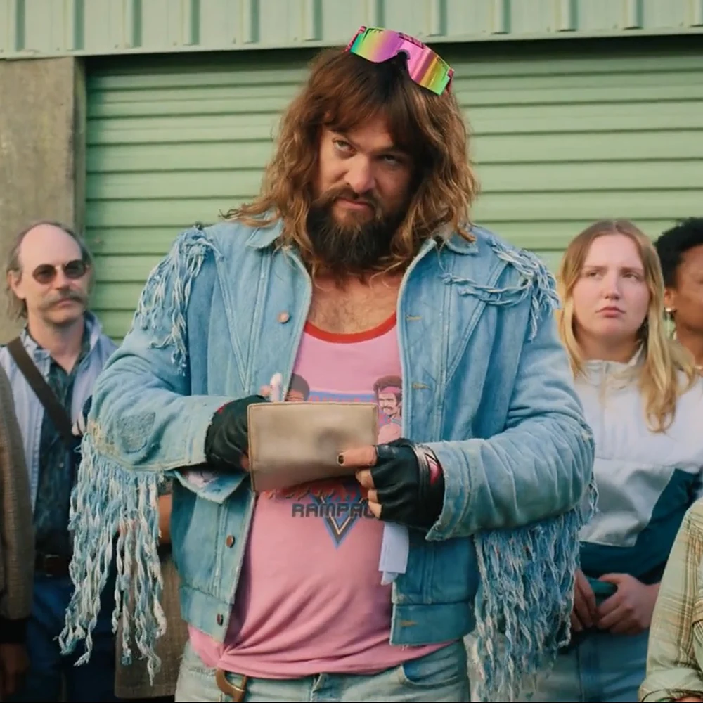 A Minecraft Movie Jason Momoa Blue Fringe Garbage Man Jacket garbage man minecraft jacket