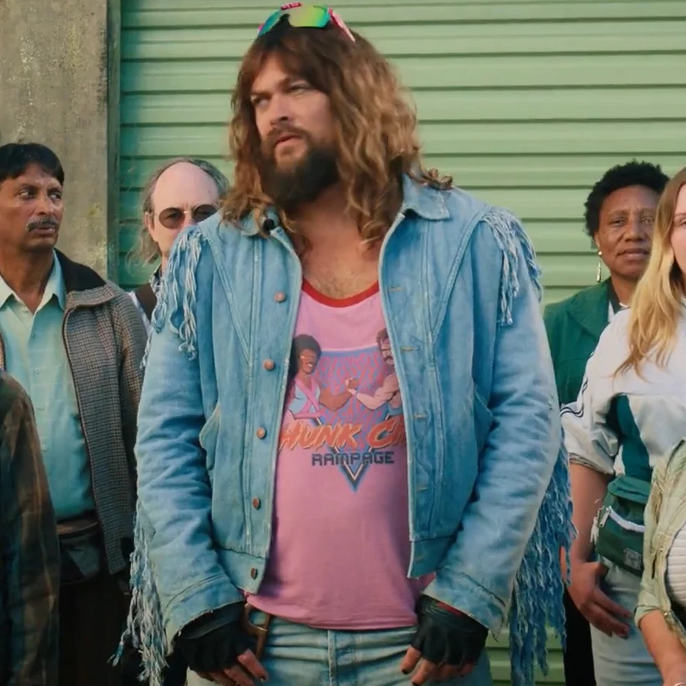 A Minecraft Movie Jason Momoa Blue Fringe Garbage Man Jacket garrett the garbage man garrison jacket