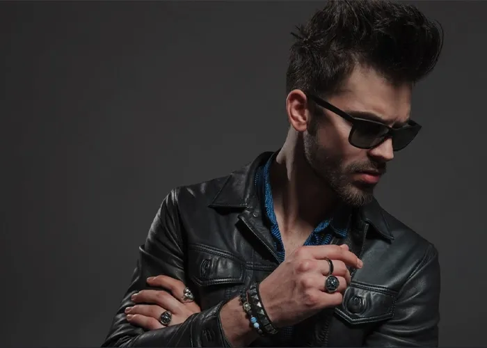 Man wearing a black leather jacket