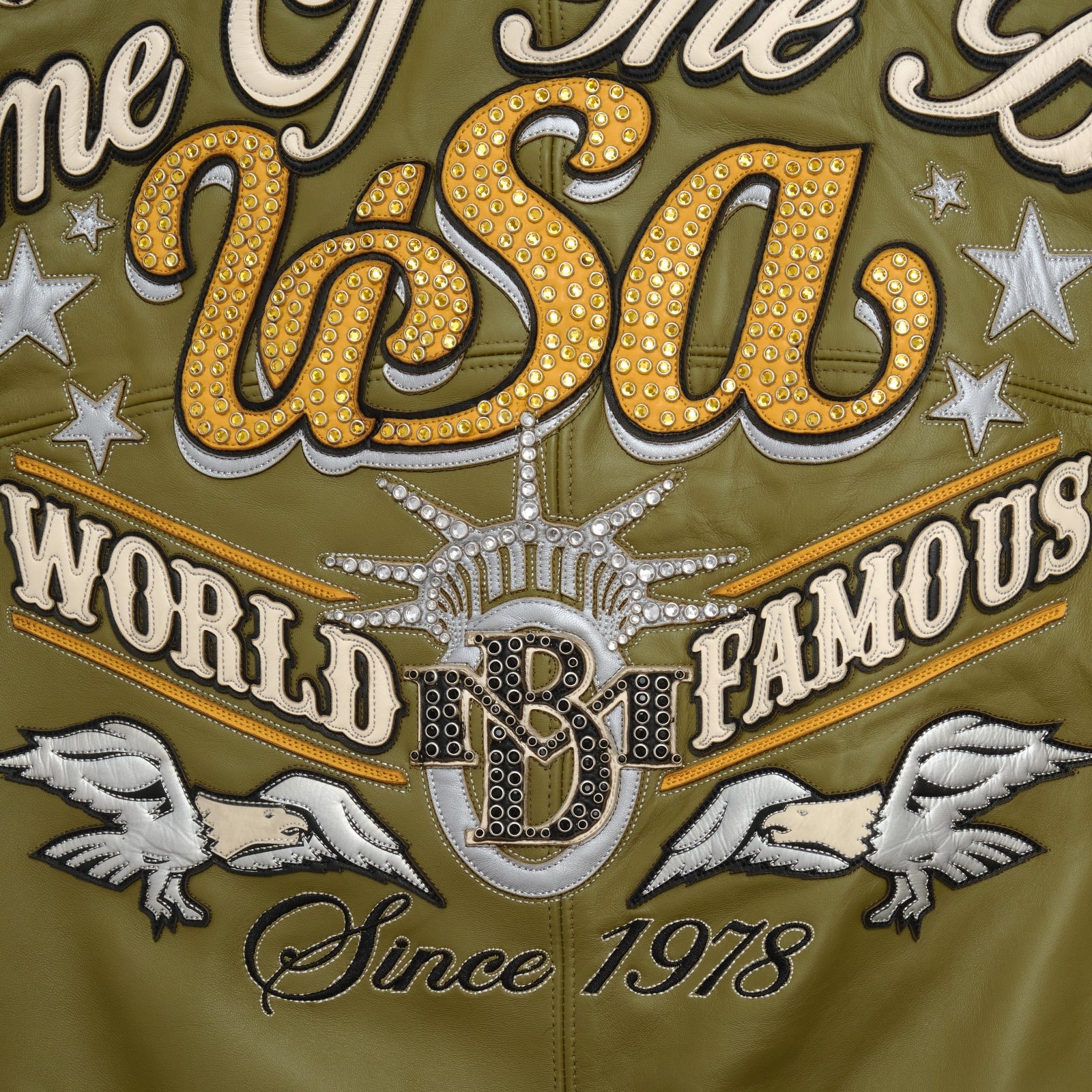Stars and Stripes Olive Green Leather Pelle Pelle Jacket pelle pelle world famous jacket