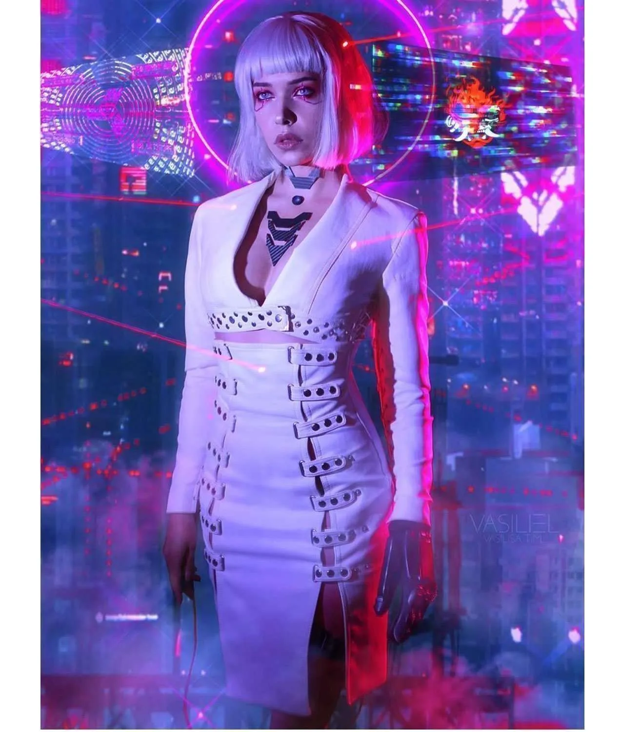 Cyberpunk 2077 Night City Neon Girl White Leather Coat white leather coat