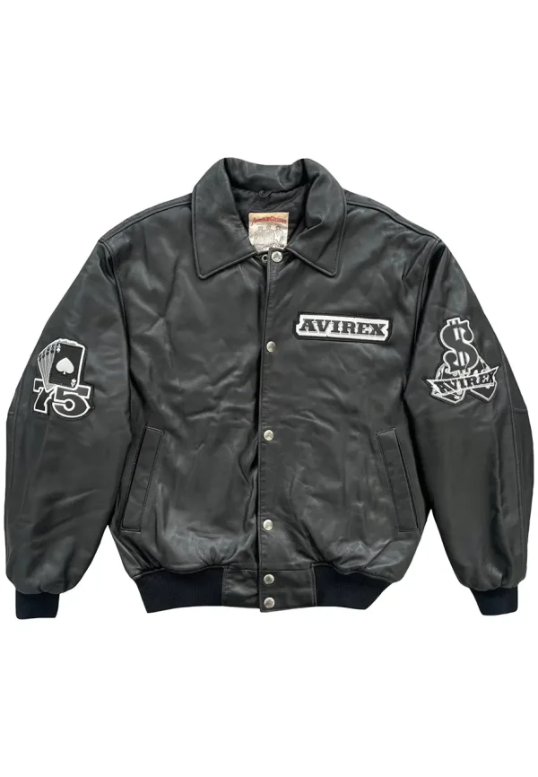 black leather varsity jacket