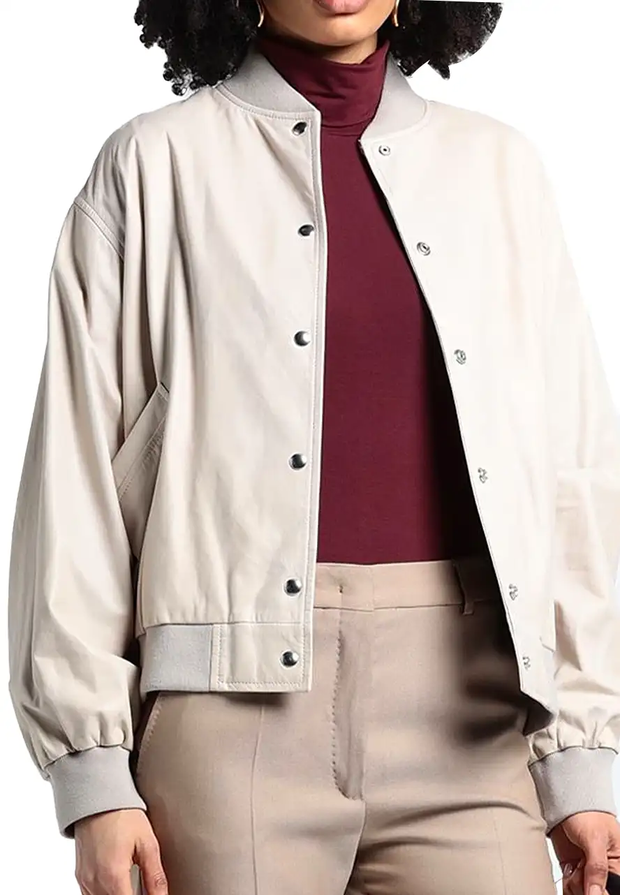 Women’s Beige Leather Bomber Jacket beige bomber jacket