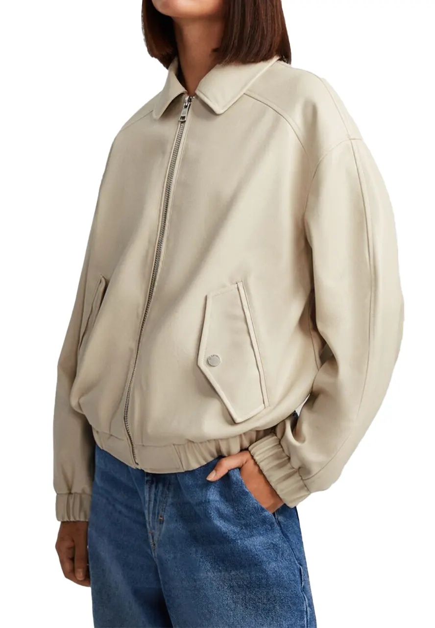Women’s Beige Bomber Leather Jacket beige faux leather bomber jacket
