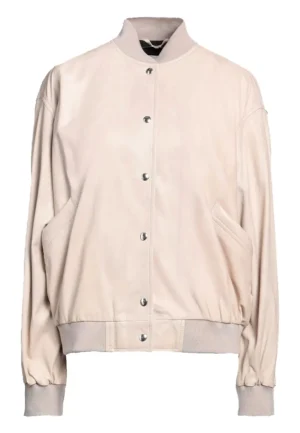 beige leather bomber jacket