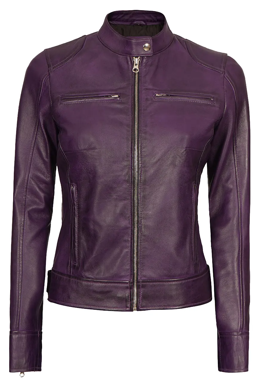 Women’s Purple Cafe Racer Leather Jacket cafe racer leather jacket