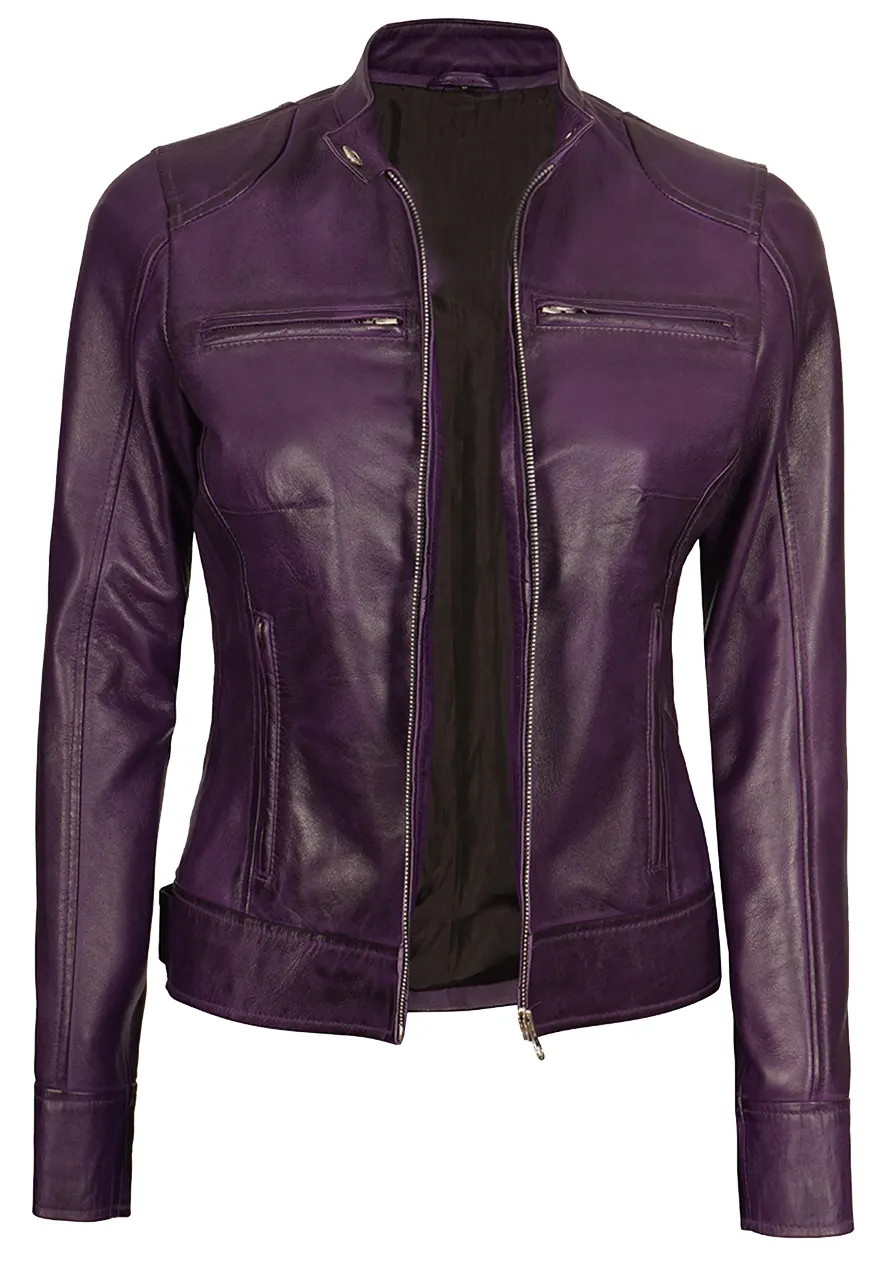 Women’s Purple Cafe Racer Leather Jacket cafe racer leather motorcycle jacket