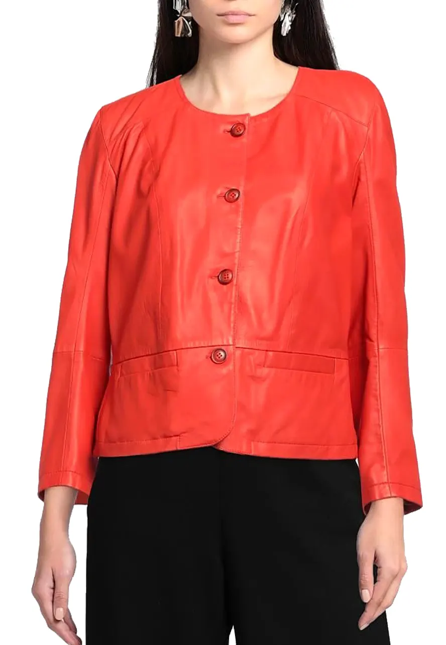 Women’s Orange Collarless Leather Jacket collarless leather jacket womens