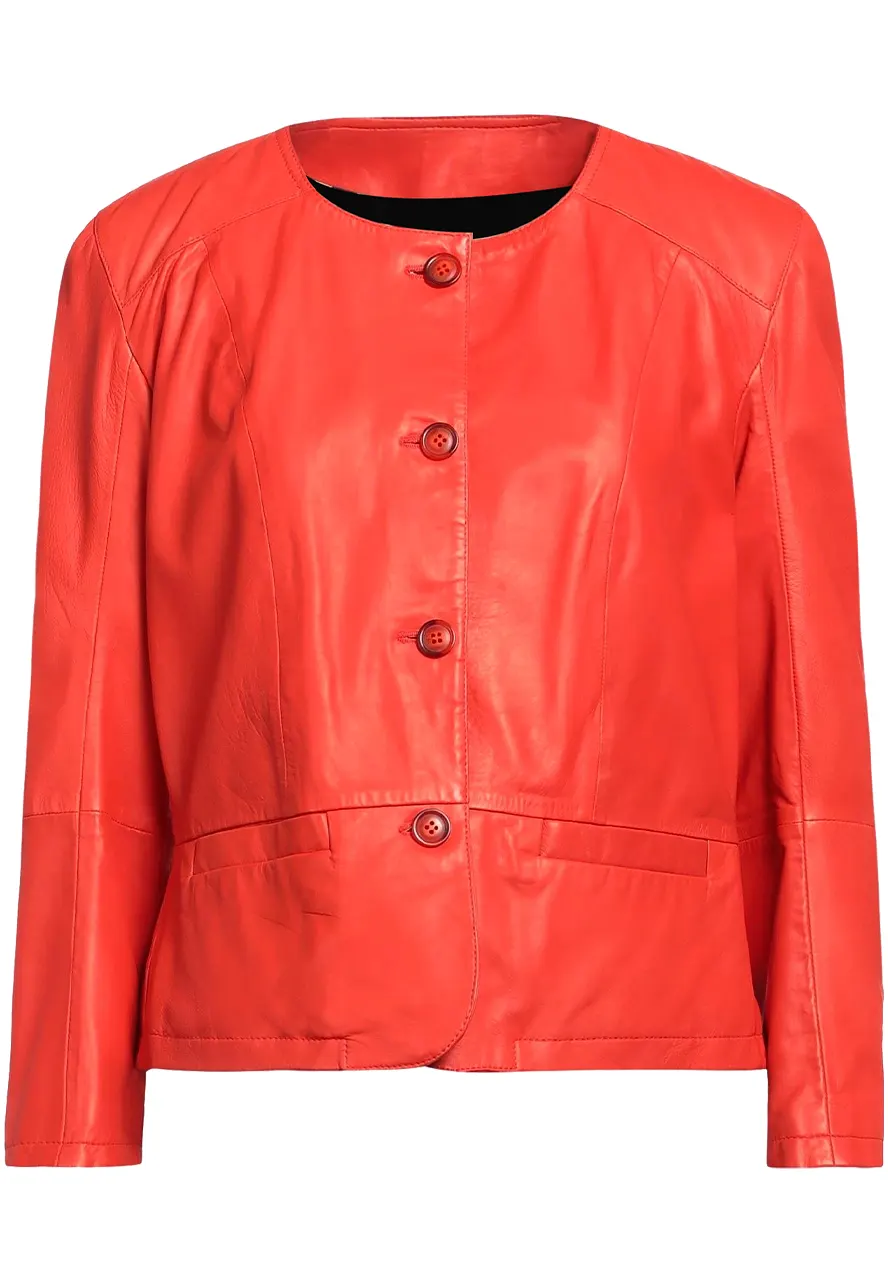 Women’s Orange Collarless Leather Jacket collarless leather jacket