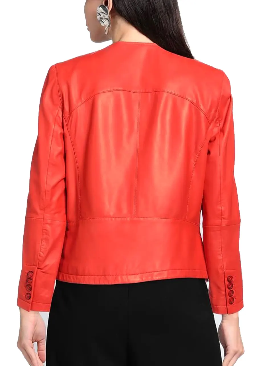 Women’s Orange Collarless Leather Jacket collarless womens leather jacket