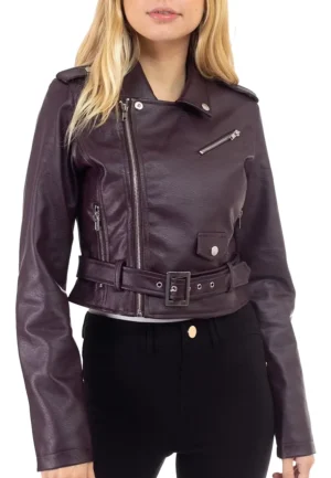 Women's Fashionable Cropped Leather Moto Biker Jacket