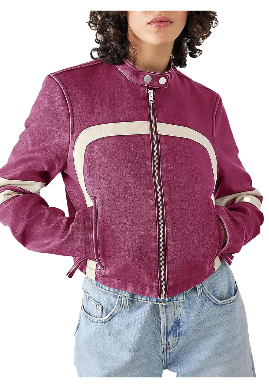 Women’s Purple Leather Cropped Motocross Jacket cropped motocross jacket
