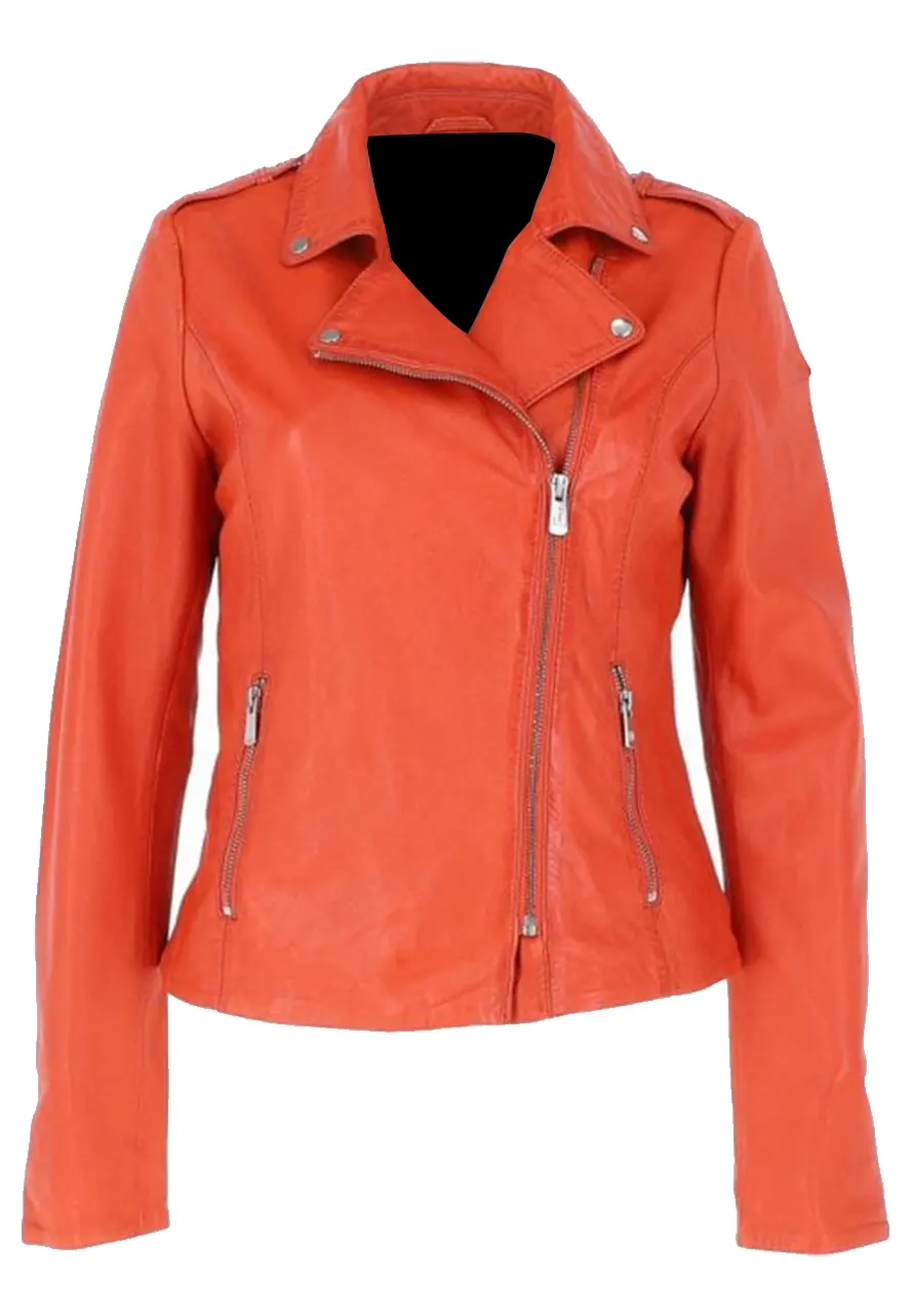 Women’s Orange Cross Zip Leather Jacket cross zip leather jacket