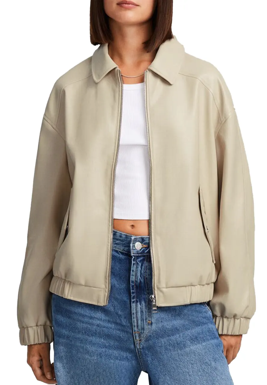 Women’s Beige Bomber Leather Jacket fake leather bomber jackets for womens