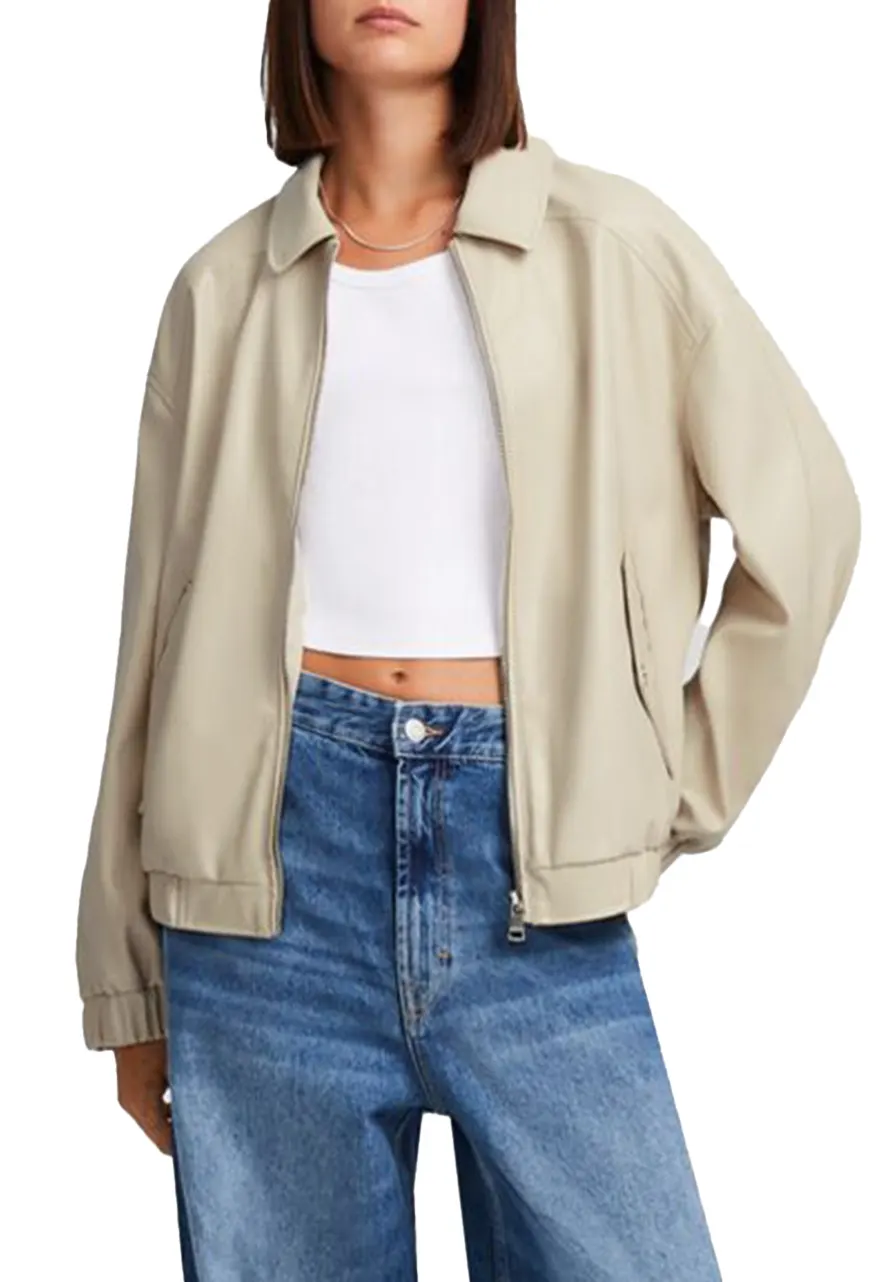 Women’s Beige Bomber Leather Jacket faux leather bomber jacket