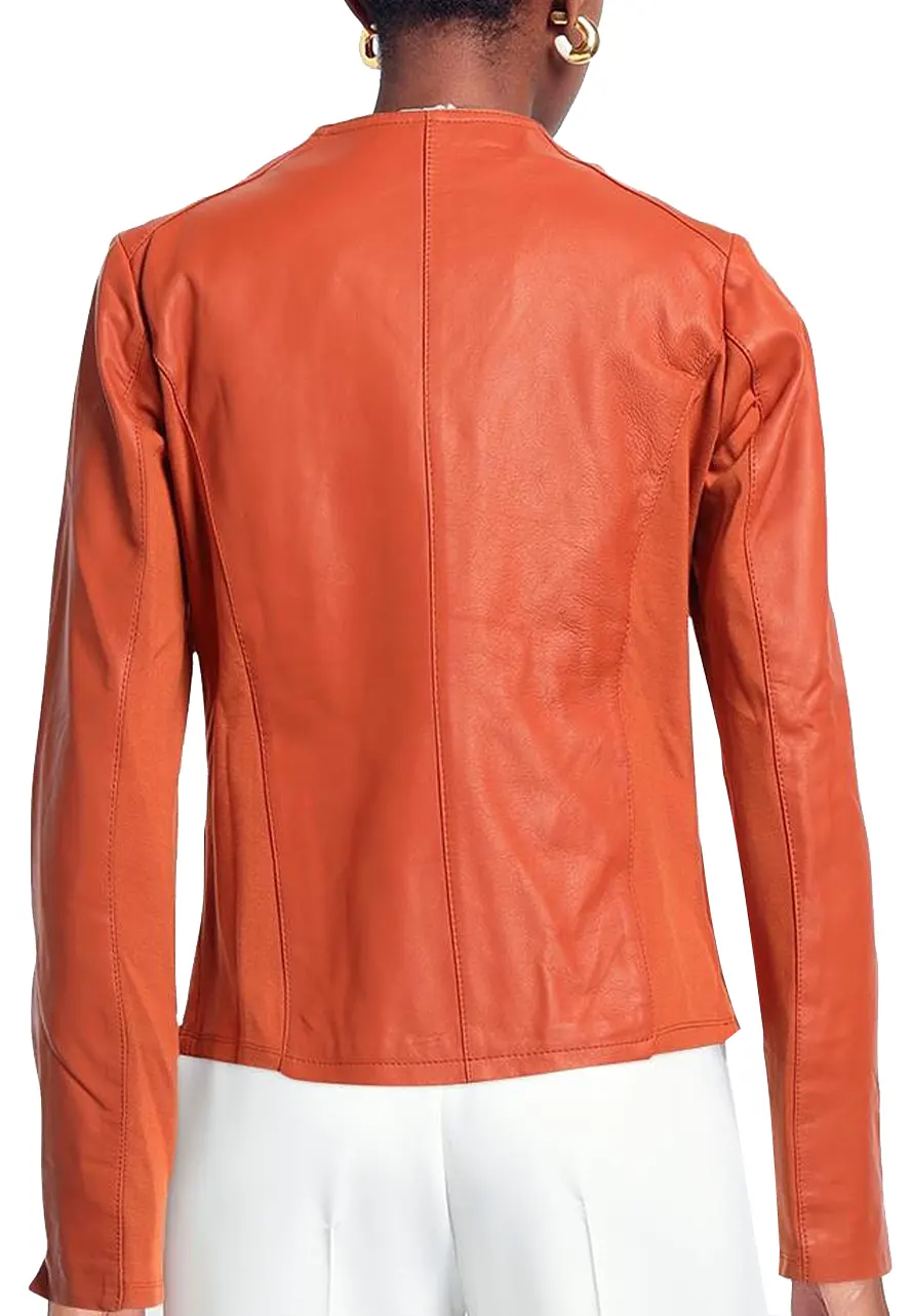 Women’s Biker Orange Leather Jacket jacket with round collar