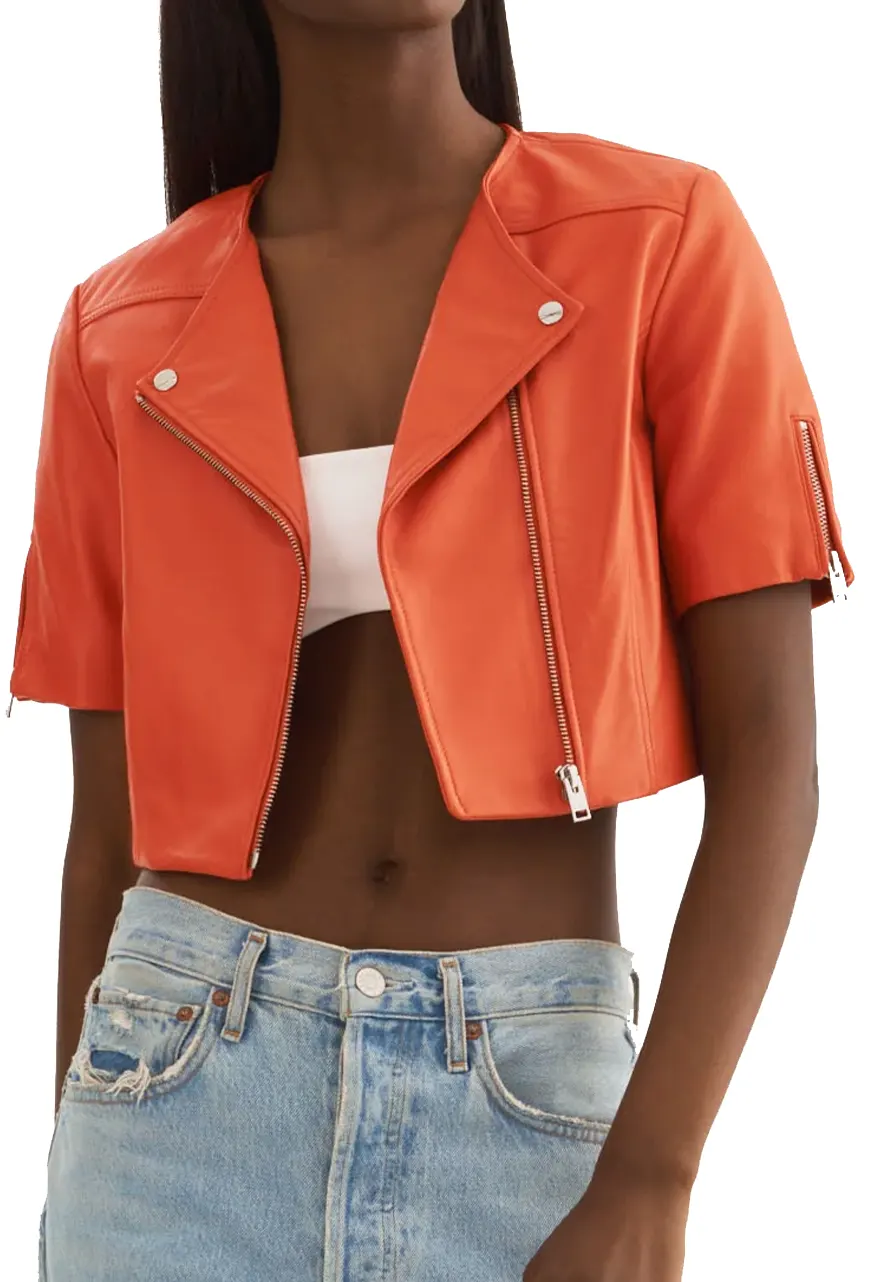 Women’s Kirsi Orange Cropped Leather Jacket leather jacket with short sleeves