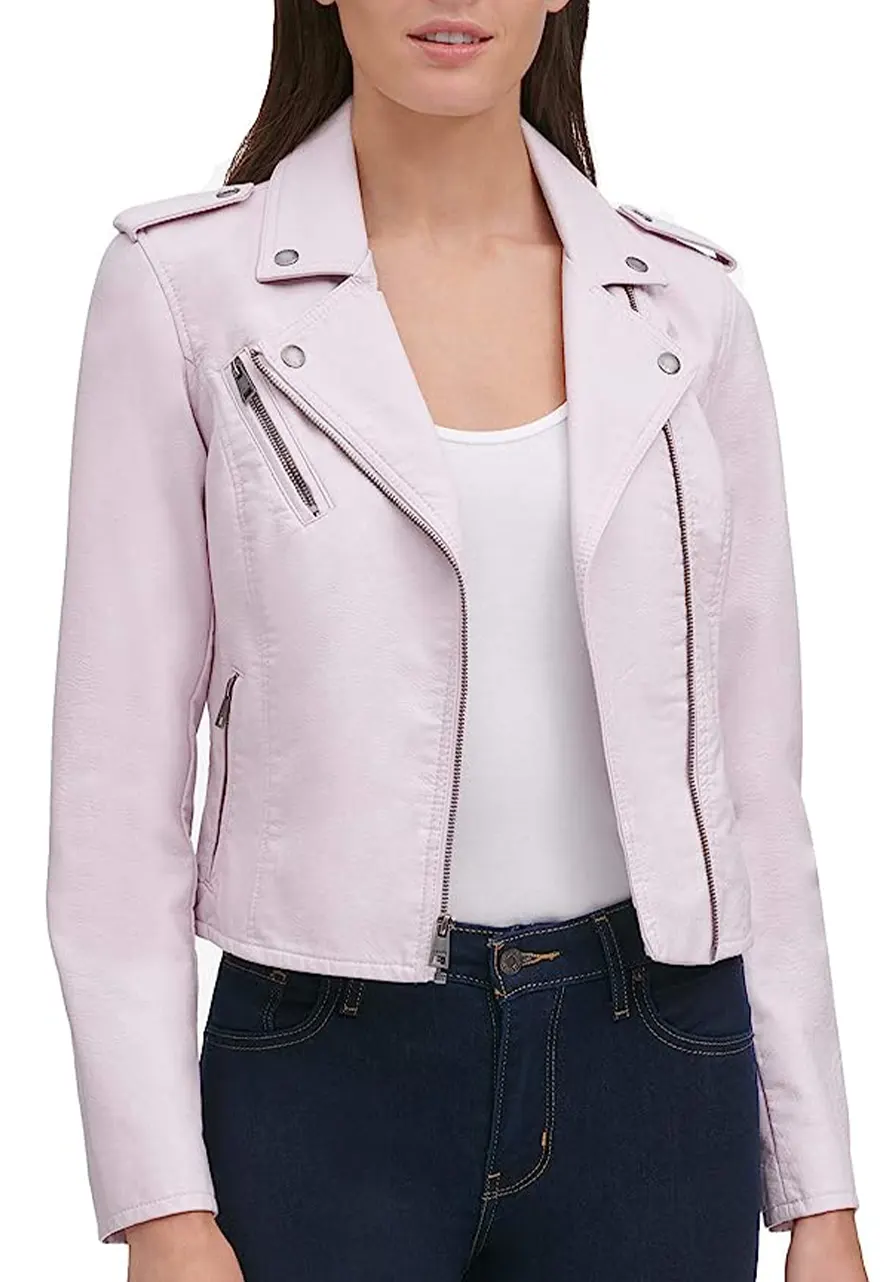Women’s Light Pink Leather Moto Jacket light pink faux leather jacket