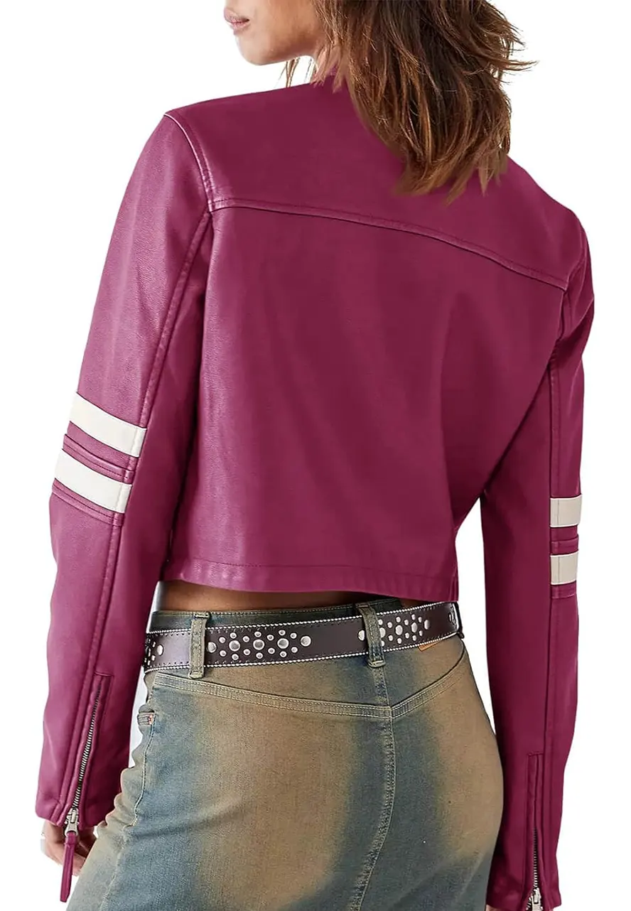 Women’s Purple Leather Cropped Motocross Jacket motocross cropped jacket