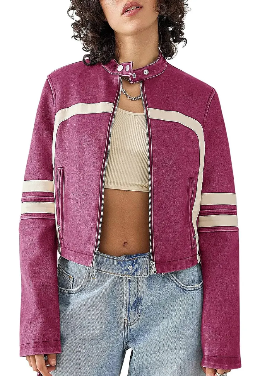 Women’s Purple Leather Cropped Motocross Jacket motocross jacket cropped
