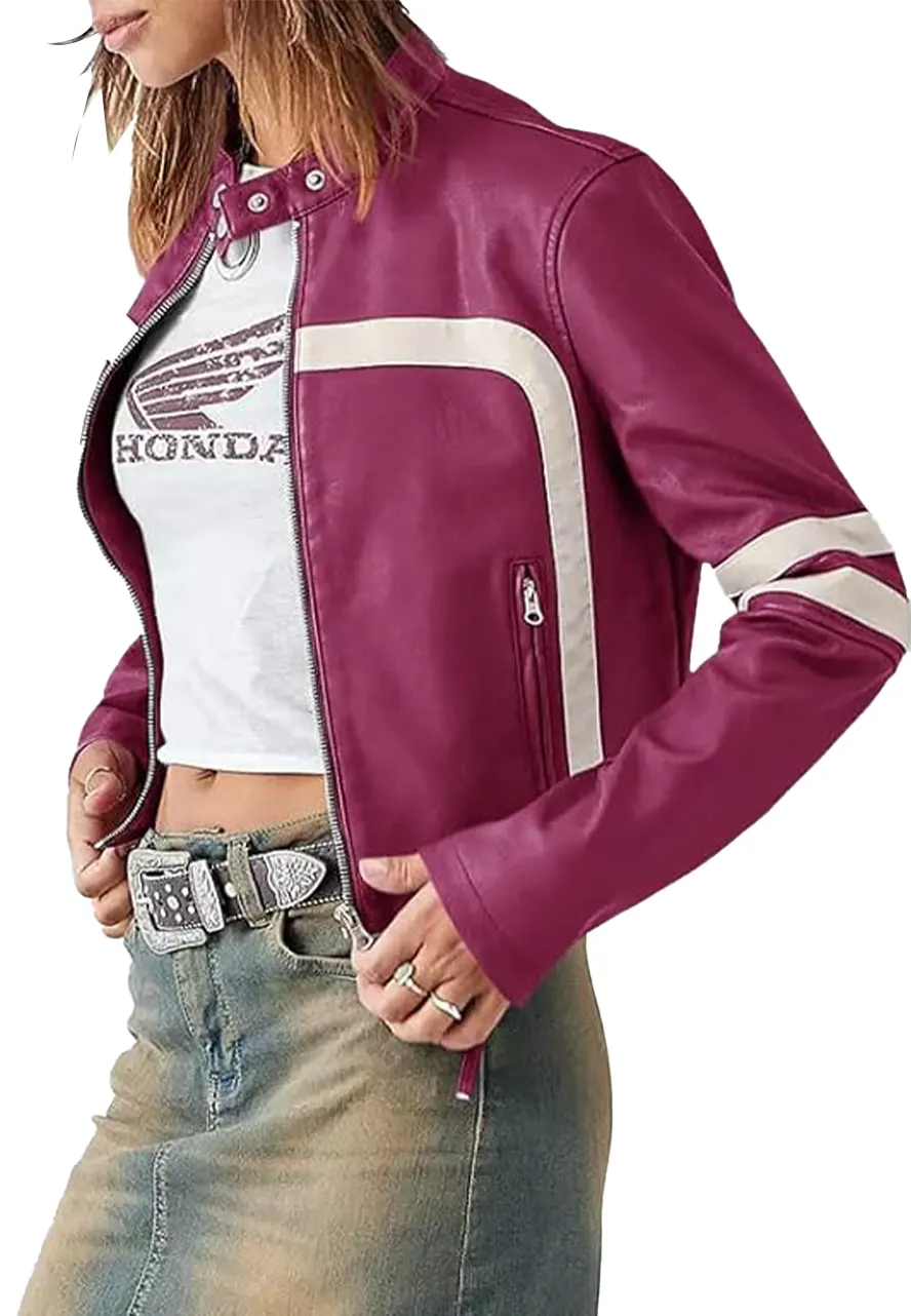 Women’s Purple Leather Cropped Motocross Jacket motocross leather jacket