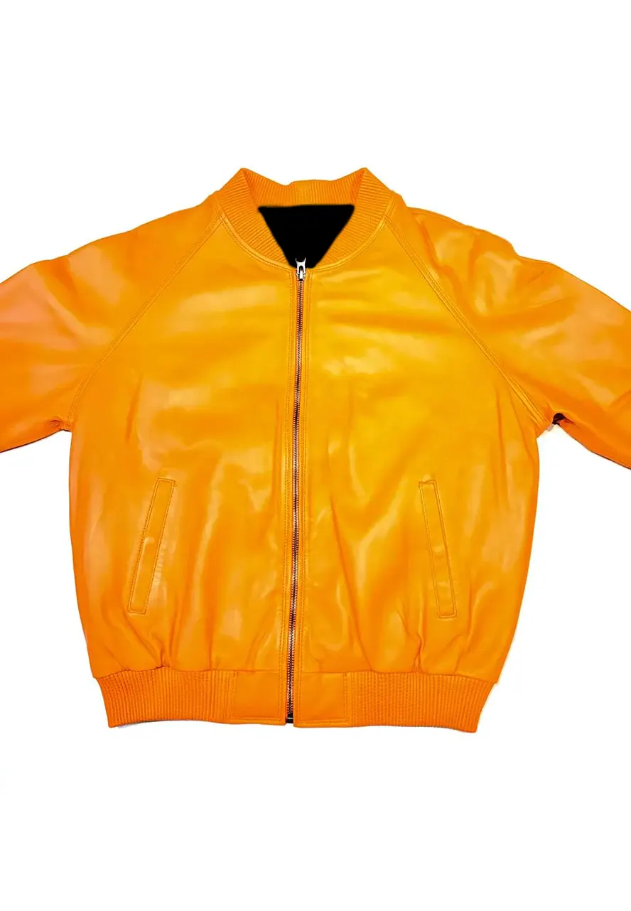 Unisex Orange Leather Bomber Jacket orange bomber jacket